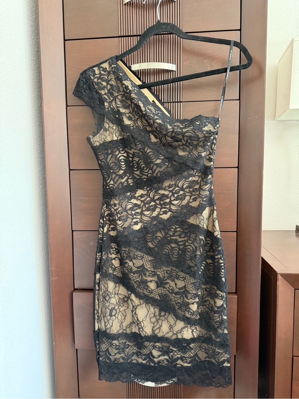 bebe Black Lace One-Shoulder Dress with Nude Underlayer